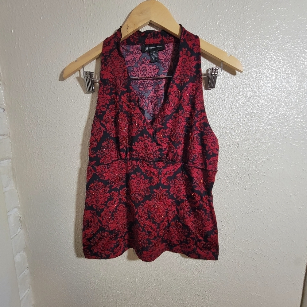 y2k INC Halter Tank Top Cameo Print Beaded Black Red sz M Vamp Whimsygoth Grunge